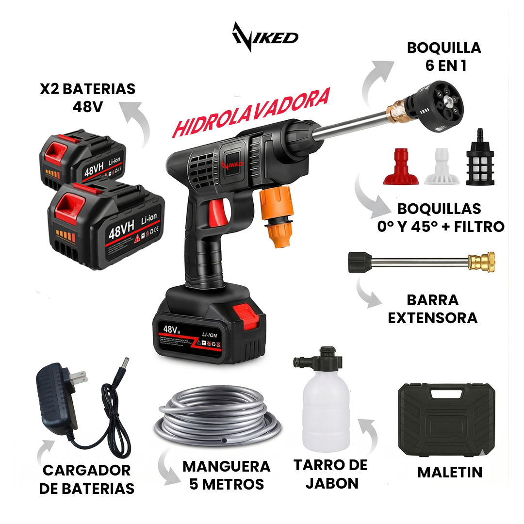 Hidrolavadora Portátil 48V X2 Baterías + Accesorios